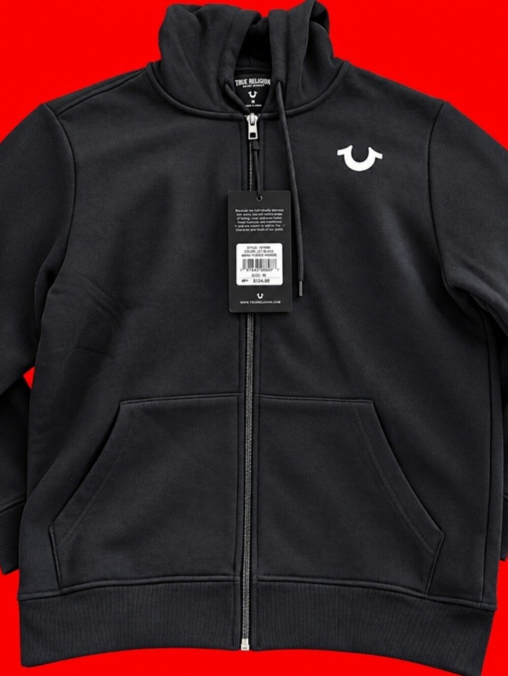 True Religion Jet Black Oversize TR Buddha Zip Hoodie Mens Size M NWT